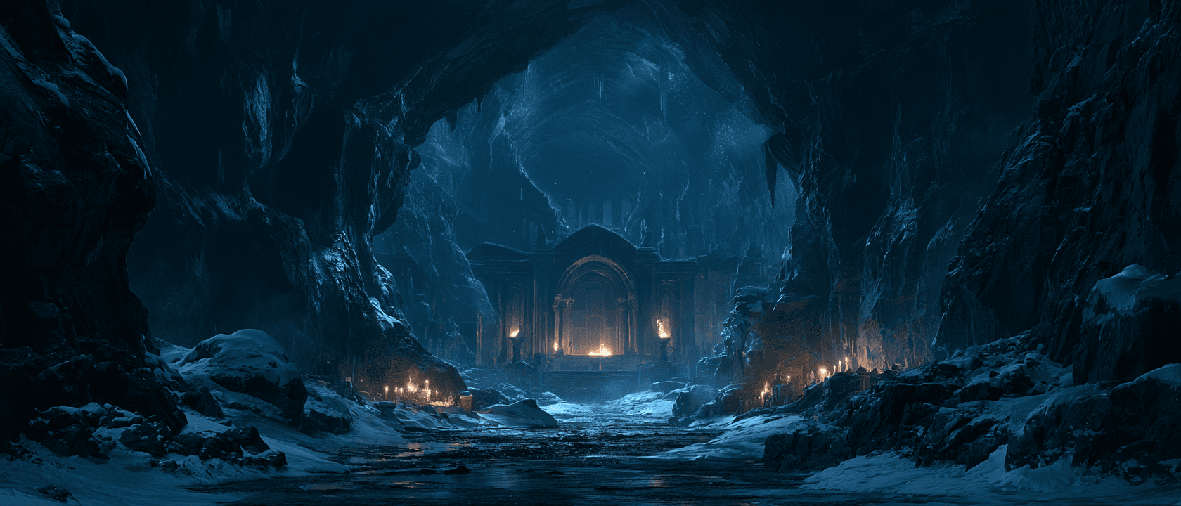 A hidden temple glowing inside a dark snowy cave
